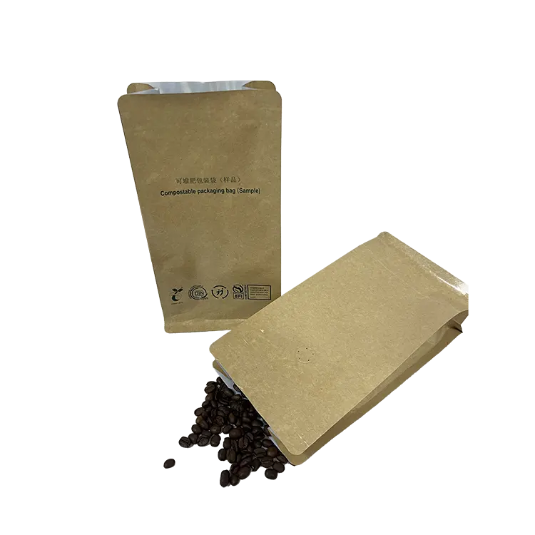 Gousset latéral biodégradable en PLA emballage de grains de café personnalisé à fond plat 100g 150g 250g 500g 1kg sacs de café avec valve