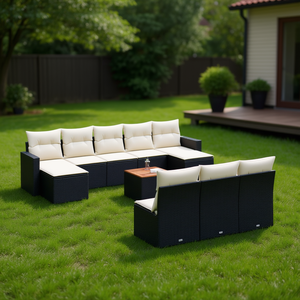 Conjunto de Sofás de Jardín en Negro y Crema, Muebles de Ratán para Exteriores con Cojines de Espuma de Alta Densidad, Diseño Contemporáneo Impermeable - Product Image 2