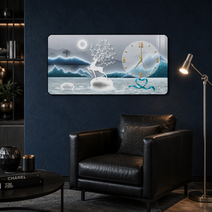 Horloge murale silencieuse de luxe, motif paysage de cerf, montagne et <span class=keywords><strong>eau</strong></span>, bleu et blanc, avec détails dorés, pour salon - Product Image 2