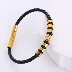 wholesale bulk hand made gents mans jewelry 4mm thin metal and leather charm bracelet homme en cuir
