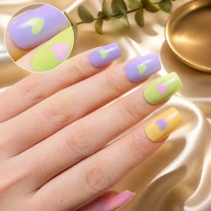 <span class=keywords><strong>Uñas</strong></span> Postizas Personalizadas en Forma de Corazón, Color <span class=keywords><strong>Pastel</strong></span>, Lavanda, <span class=keywords><strong>Rosa</strong></span>, <span class=keywords><strong>Amarillo</strong></span>, Brillantes, de Gel ABS, Venta al Por Mayor OEM - Product Image 1
