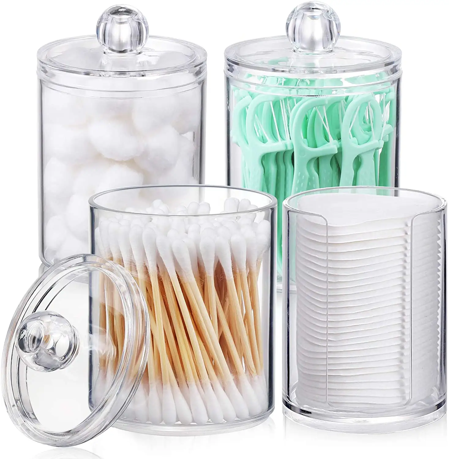 High Clear Bathroom Organizer Storage Jars Canisters for Cotton Swab Cotton Ball Cotton Round Pads Floss 4 Pack Set