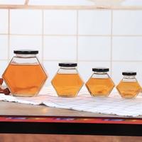 Tarro de miel hexagonal de vidrio con tapa de madera y cucharón, contenedor transparente para almacenar jarabe y mermelada, 100 ml