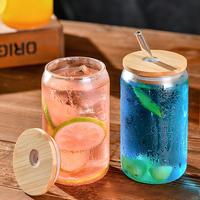 Verre borosilicate de haute qualité peut tasse à bière en verre transparent classique avec couvercle en bambou et paille pour