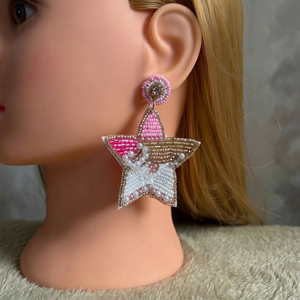 Pendientes Hechos a Mano con Cuentas en Forma Ovalada, Perlas Rosas y Blancas, Pedrería, Tema Floral, Bordado, Manualidades, Punto de Cruz - Product Image 1