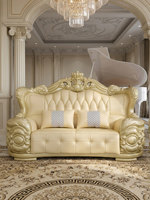 Ensemble de canapés en cuir couleur champagne, style européen, en teck massif sculpté, avec joints à mortaise et tenon, pour villas et grands salons