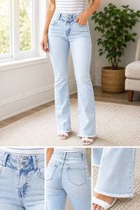 Jean pour femme taille haute à double boutonnage, bleu glace délavé, coupe slim évasée bootcut, longueur intégrale, style décontracté, urbain et vintage - Product Image 4