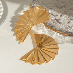 Geometric Pleated Fan Shape <b>Stud</b> <b>Earrings</b> 18k Gold Stainless Steel Everyday Wear - Product Image 4