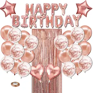 Balões laminados de ouro rosado para festas, conjunto de decoração para festas de aniversário, feliz aniversário, bandeira de estrela, coração, ouro rosa