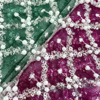 Dentelle en maille perlée de 21 cm de large avec sequins et perles brodées pour la décoration de robes de mariée, Baju Kurung et Kebaya DIY