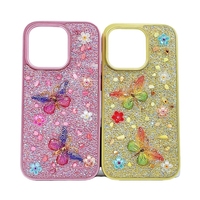 Coque de téléphone portable personnalisable en TPU+PC avec design 3D de luxe, motif papillon, 6 couleurs, procédé de strass thermocollants pour iPhone 14