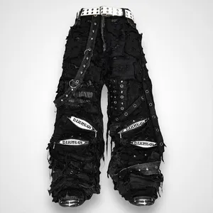 DIZNEW Jean Man Wholesale Heavy Metal Design Hip Hop Clothing Distressed Black Jeans Pants For Men Size 32-30