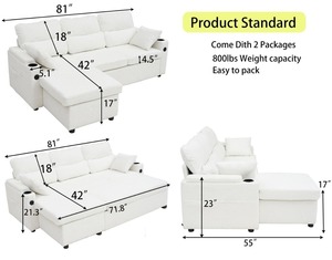 可转换沙发床2in1，l形分段蒲团床，带储物空间、USB端口、杯架和可逆躺椅 - Product Image 6