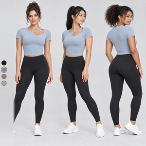 Haut de yoga à manches courtes bleu lac pour femme, marque privée LUXD012, pour yoga, pilates, gym, course à pied, entraînement, vêtements de sport, OEM, ODM - Product Image 1