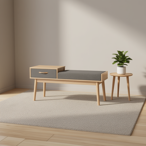 Banco de Teléfono Contemporáneo de Madera Natural con Tela Gris y Cajón Extraíble, Taburete Otomano para Entrada, Mueble para Sala de Estar - Product Image 2