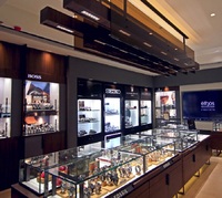 Comptoir de Présentation Îlot Personnalisé en Bois Massif pour Collection de Montres de Luxe, Vitrine en Verre Trempé, Kiosque à Bijoux Durable avec Éclairage LED