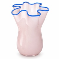 Vase en verre rose fait main avec bord bleu, vase à fleurs ondulé festonné pour décoration de centre de table