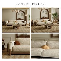 Modernes Japandi-Sofa mit Walnuss-Massivholzrahmen, Off-White Leinen, 2/3-Sitzer, Klares Minimalistisches Design, OEM Großhandel