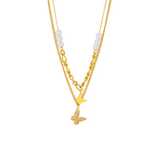 Double Layer Butterfly Pendant Necklace Gold Imitation Pearl Chain Party Jewelry Geometric Design N1835 - Product Image 5
