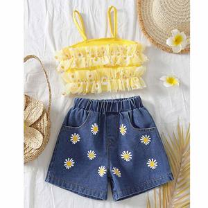 4-7T <span class=keywords><strong>abbigliamento</strong></span> per bambini Daisy completo stampato giallo maglia elasticizzata pantaloncini in Denim 2 pz Set per ragazze dolce <span class=keywords><strong>abbigliamento</strong></span> per bambini all'ingrosso - Product Image 4