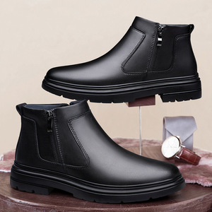 Nouvelles bottes en cuir véritable noires simples pour hommes, toutes saisons, confortables, pratiques, fermeture éclair latérale, Zhongbang décontractées - Product Image 3