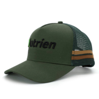Casquettes de camionneur vertes à 5 panneaux, personnalisables, à profil bas, avec 2 bandes latérales, logo brodé en 3D et étiquettes privées, casquettes en maille