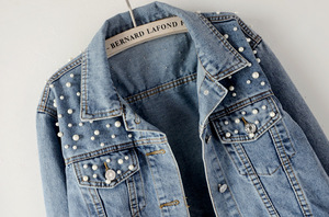 Beliebte Hochwertige Lässige Luxus-Damen-Perlen-Kurz-Denim-Jacke Blaue Langarm-Jeansjacke für Frauen - Product Image 4