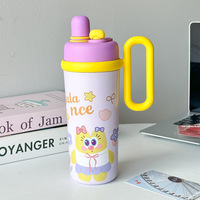 Bouteille d'eau isotherme en acier inoxydable de 700 ml pour enfants, avec poignée, motif dessin animé, grande capacité, mignonne, avec double paille