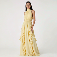 Robe longue en mousseline de soie personnalisée pour femme, sans manches, à volants, fluide, taille élastique, élégante, pour soirée