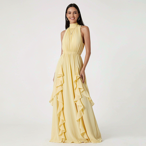 Robe longue en mousseline de soie personnalisée pour femme, sans manches, à volants, fluide, taille élastique, élégante, pour soirée - Product Image 2