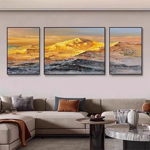 Hand Painted Oil <b>Painting</b> Golden Mountain Landscape Art Metal <b>Frame</b> 3D Effect Wall Decor <b>For</b> Living Room Entrance Hall - Product Image 3