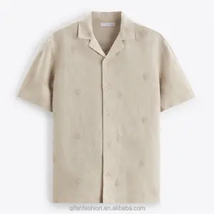 Camicia da uomo in lino di cotone con ricamo completo a maniche corte con colletto da campo personalizzato