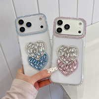 Coque de protection transparente de luxe scintillante avec strass en forme de cœur pour iPhone 18 17 Pro Max 16 15 14 avec dragonne perlée