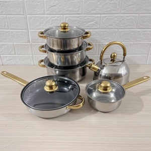 스테인레스 스틸 요리 냄비 12pcs 유리 뚜껑이있는 요리 세트 조리기구 골드 컬러 핸들 냄비와 팬 Marmites 캐서롤 세트 - Product Image 1