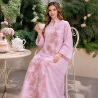 Abaya Polyester ODM dengan Aplikasi Bunga & Hiasan Berlian Imitasi, Kerah Mandarin, untuk Lebaran, Pernikahan, Pesta Malam & Acara Formal