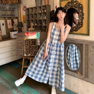 Retro Japanese Style Plaid Sleeveless A-Line Dress For Women Summer Beach Vacation Casual Wear Natural Waist Spaghetti Strap - Product Image 1