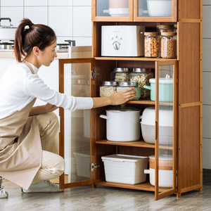 Armoire de rangement de cuisine multi-niveaux avec portes en verre, en bambou, design moderne pour l'organisation des ustensiles et de la vaisselle - Product Image 5