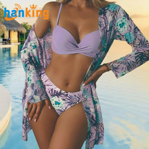 Ehanking Bikini Set <strong>Women's</strong> Sexy Floral Printed Bra <strong>Shorts</strong> and Cover up Bikini Suits <strong>Swimsuit</strong> Three Pieces Sets - Product Image 3
