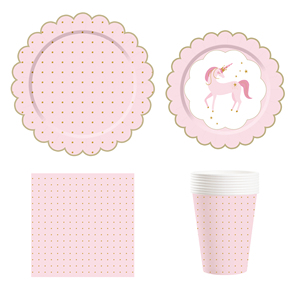Fournitures de fête sur le thème de la licorne rose Damai pour filles, vente en gros, assiettes à dîner, kit de fête d'anniversaire, assiettes en papier, gobelets et serviettes - Product Image 4