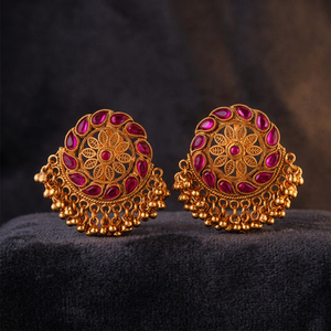 Boucles d'oreilles nœud rubis antiques d'Inde du Sud faites à la main avec placage or mat Modèle 208489 Bijoux d'anniversaire pour femme Kanhai Jewels - Product Image 2