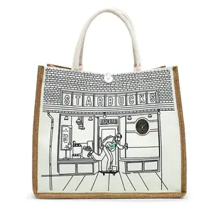 Oem Wholesale Large Tote Bag Custom Logo Print Eco Friendly Shopping Linen Burlap Jute Beach Hand Bag