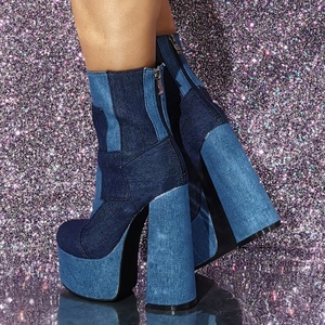 Bottines à plateforme pour femmes en denim patchwork, bout rond, fermeture éclair arrière, grande taille 47, talons hauts et épais - Product Image 3