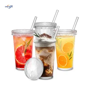 Glass Tumbler Cup with Lid and Straw Vintage Ribbed Drinking Glasses for Iced Coffee Milk