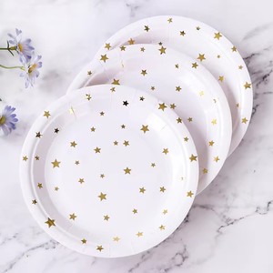 Serviettes modernes dorées à pois, assiettes en papier jetables blanches imprimées pour fête de Pâques, étoiles brillantes estampées à chaud, biodégradables - Product Image 6