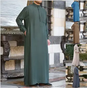 Busana Busana Muslim Pria, Gaun Warna Polos, Kaftan Muslim Abaya Longgar Dubai Jubah Lengan Panjang