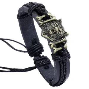 Hot Selling Genuine Leather Bangle Metal Wolf Head Bracelets Men Bracelets Bronze Bone Handmade Jewelry