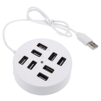 Hub USB 2.0 rond à 8 ports, adaptateur d'extension pour ordinateur avec corps en plastique, en stock, pas de prise requise