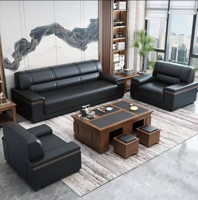 Canapé de bureau moderne minimaliste chinois réception d'affaires ensemble de réception en cuir combinaison de table à thé