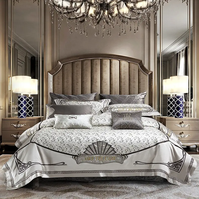 Luxury bed sheets silver embroidery duvet cover king size 100% cotton bedding set top home textile supplier