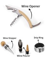Lot de 4 Outils à Vin Modernes Écologiques en Acier Inoxydable et Bambou, Tire-Bouchon Automatique Carré avec Logo Gravé au Laser